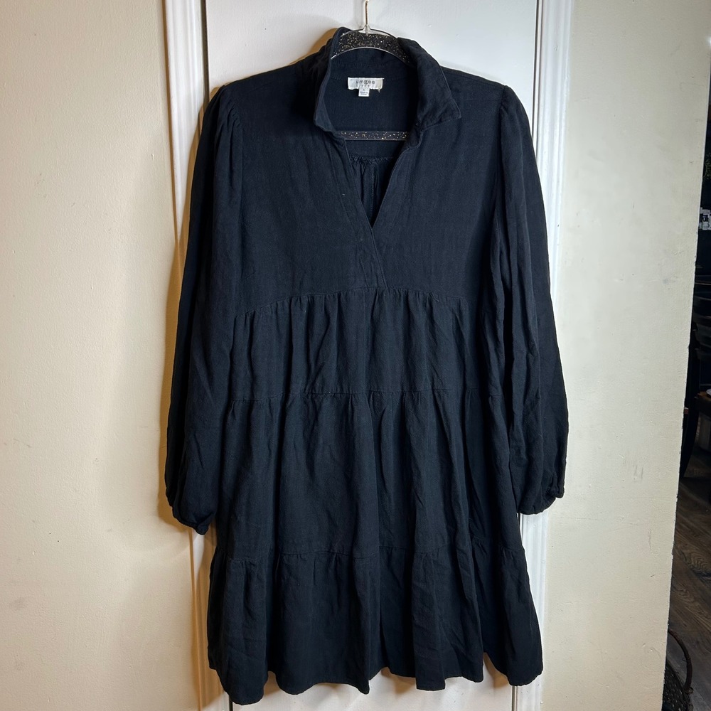 Umgee USA Black Linen Blend Tiered Babydoll Mini Dress Long Sleeve V-Neck Large